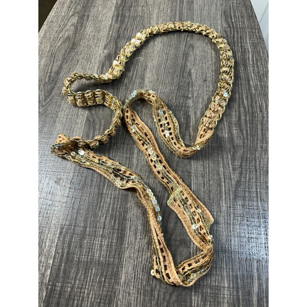 Women's Belt 69in Long Gold Rings Beige and Gold Sequin Fabric Tie Belt